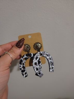 Black and White Leopard Horseshoe Statement Earrings